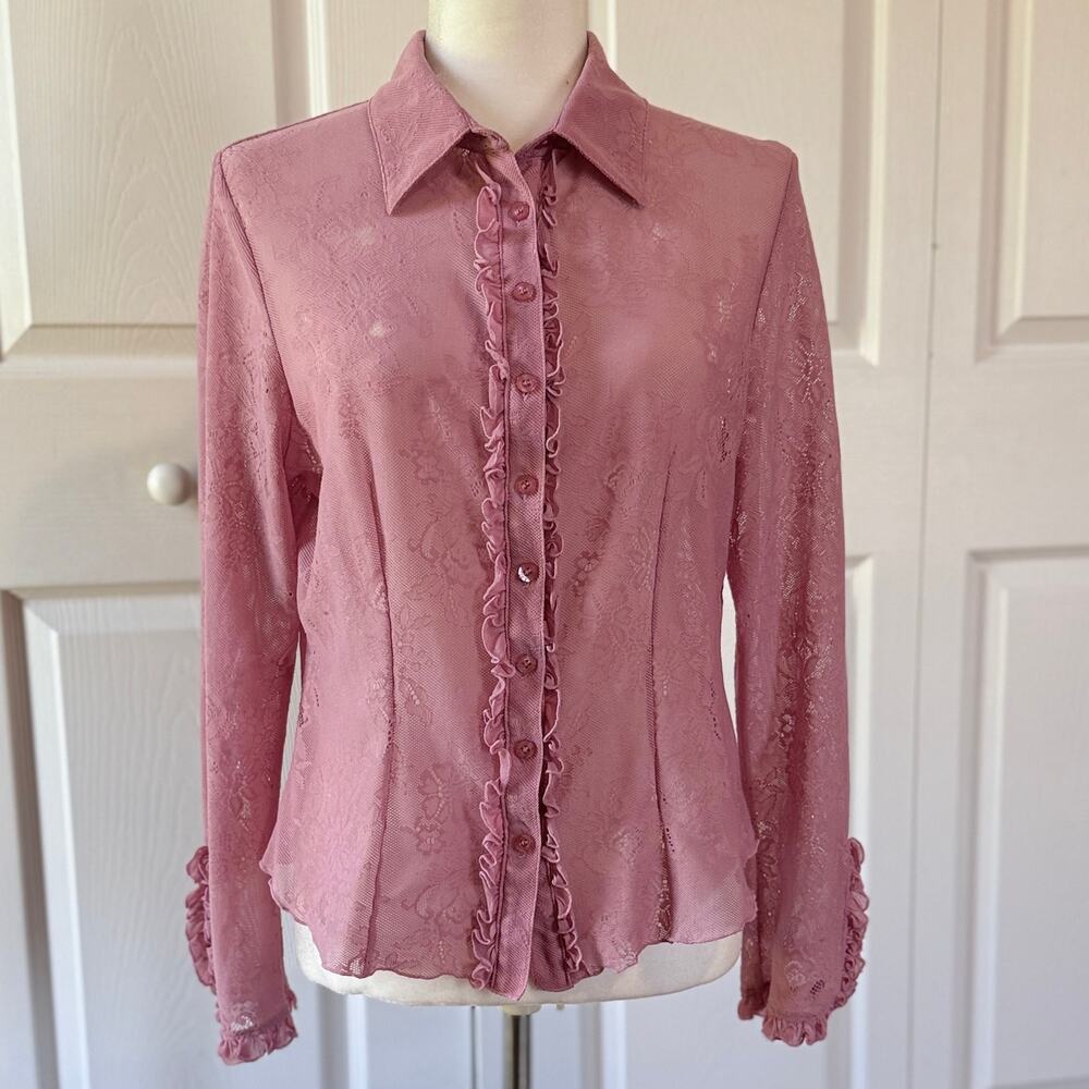 Bisou Bisou Y2K Dusty Rose Floral Lace Knit Ruffle Button Front Blouse XL Sheer